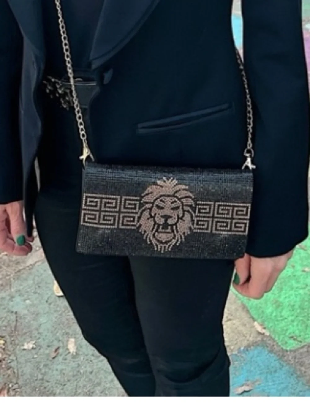 Black Gold Lion Crystal Stadium Bag Crossbody Shoulder Waist + Belt Clutch Leo